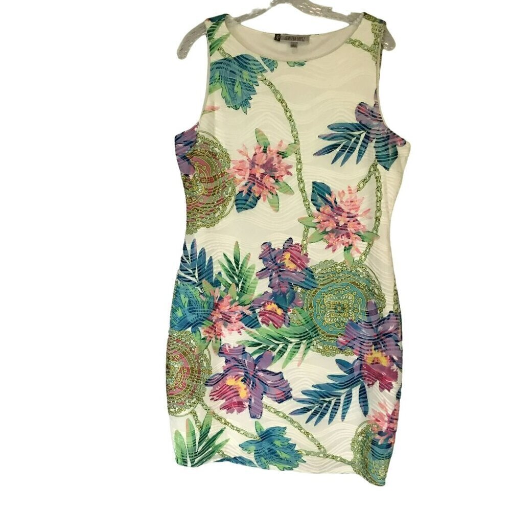Jennifer Lopez Bodycon Dress White Tropical Flower Sleeveless Women's Size Large